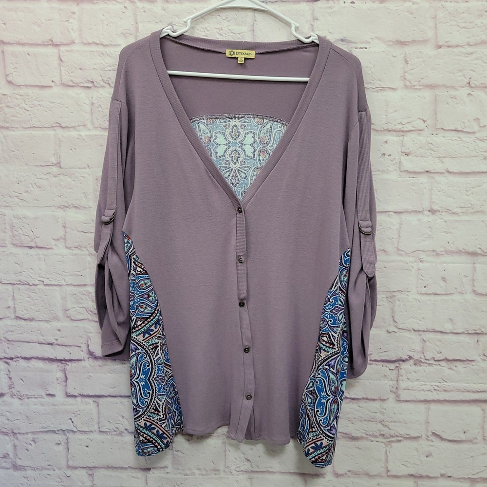 Democracy Purple Paisley Cardigan Sweater L Roll Tab Sleeve Boho Cottagecore
